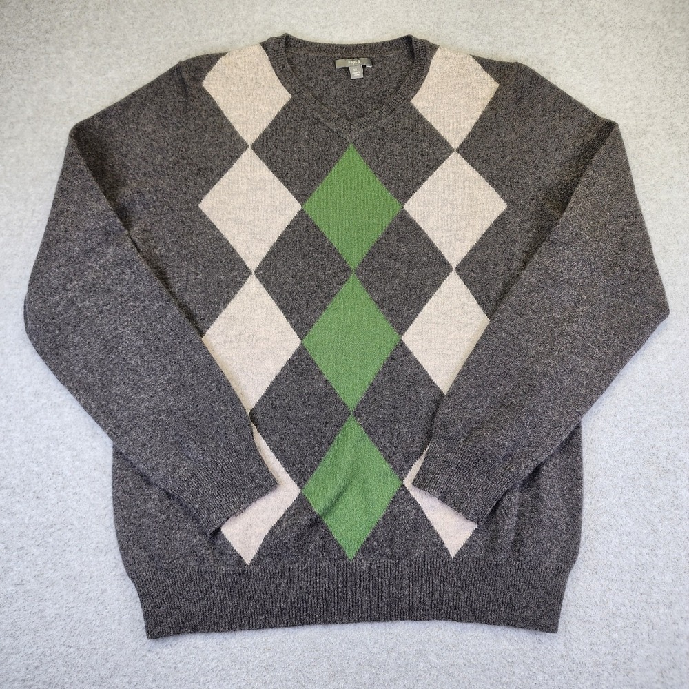 Apt 9 Cashmere V-neck Sweater Argyle Mens XL Green Gray Diamonds Harlequin‎